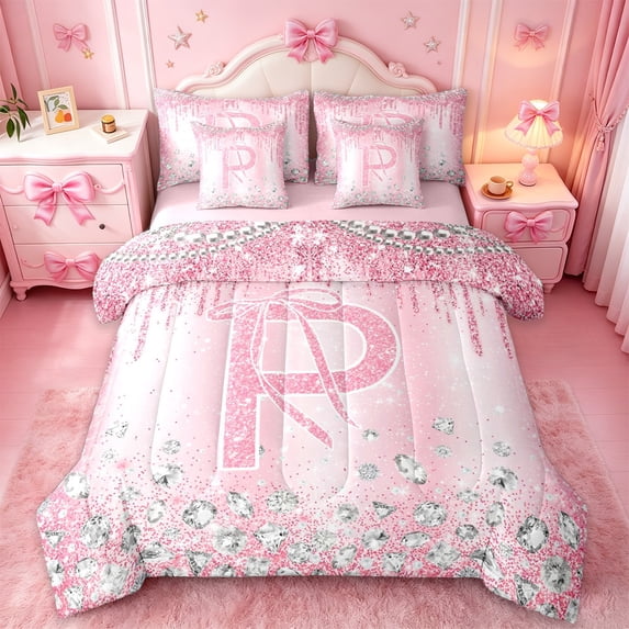 Homewish Monogrammed P Theme 7-Piece Bedding Comforter Set,Cartoon Stereoscopic Diamond King Bedding Sets,Pink Sparking Print Bed Sheets For Girl Teens,Ultra Soft Bedroom Decor Reversible