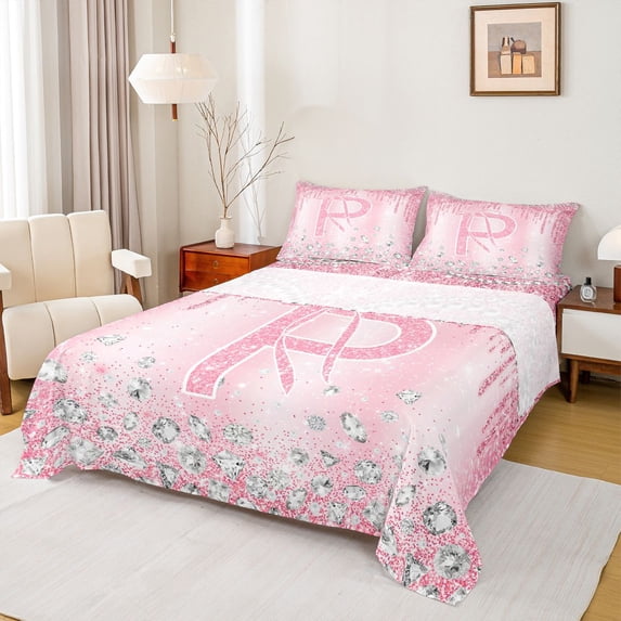 Homewish Monogrammed P Theme Full Size Sheets,Cartoon Stereoscopic Diamond Bed Sheets,Pink Sparking Print Sheet Sets For Girl Teens,Ultra Soft Bedroom Decor,4 Pieces