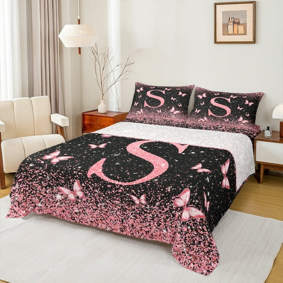 Homewish Monogrammed S Female Bed Sheets, Cartoon Pink Kawaii Butterfly King Sheets, Glitter Stars Diamond Sheet Set, Super Cozy Room Decor, 4-Piece