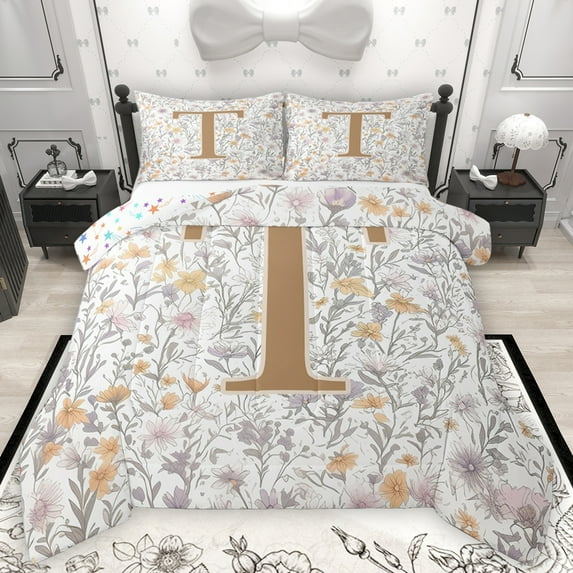 Homewish Monogrammed T Theme Bedding Comforter Set,Rustic Flower Floral Twin Comforter Sets,Cartoon Daisy Bedding Set For Girl Teens,Ultra Soft Bedroom Decor Reversible,2-Piece
