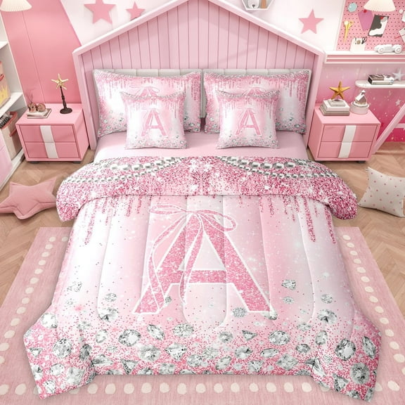 Homewish Monogrammed A Theme 7-Piece Twin Bedding Sets,Cartoon Stereoscopic Diamond Bedding Comforter Set,Pink Sparking Print Sheet Sets For Girl Teens,Ultra Soft Bedroom Decor Reversible