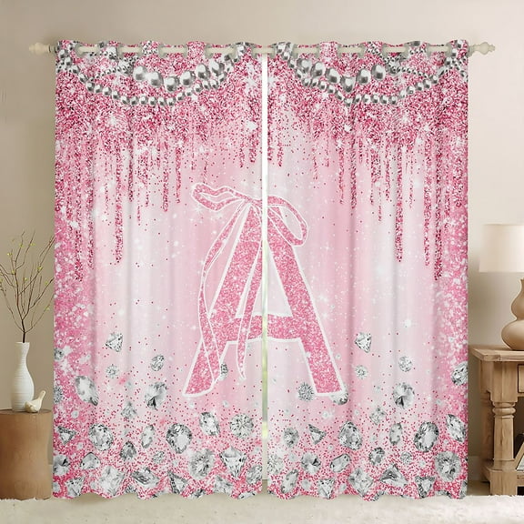 Homewish Monogrammed A Theme Black Out Curtains,Cartoon Stereoscopic Diamond Curtains Pack of 2 (42x63 Each),Pink Sparking Print Bedroom Curtains For Girl Teens,Ultra Soft Bedroom Decor