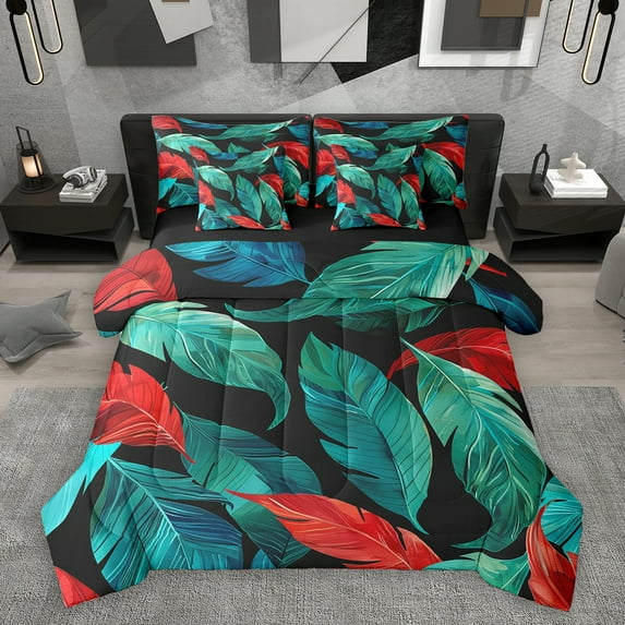 Homewish Monstera Leaf 7-Piece Twin Bedding Sets,Tropical Botanical Bedding Comforter Set,Green Red Black Sheet Sets For Girl,Luxury Bedroom Decor Reversible
