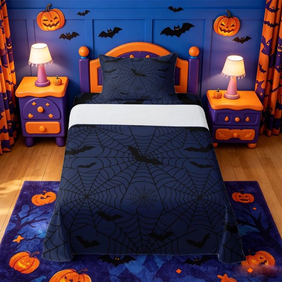 Homewish Moody Halloween Spider Web Twin Sheets,Dark Bat Print Bedding,Navy Black,3 Pieces,1 Fitted Sheet and 1 Pillowcase