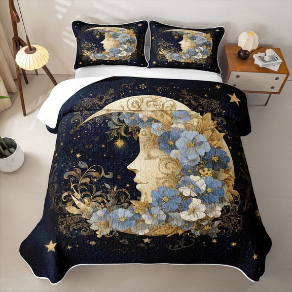 Homewish Moon Goddess Quilt Full, Vintage Floral Full Bedspread Sets, 3 Pieces 1 Coverlet and 2 Pillowcases