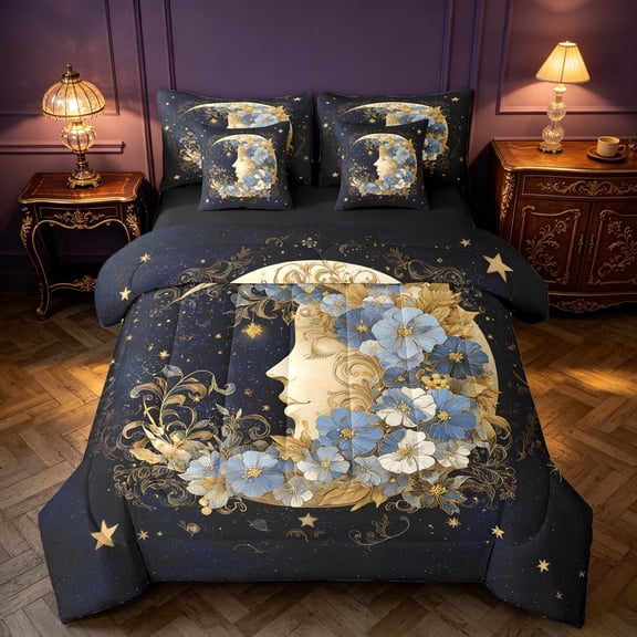 Homewish Moon Goddess Twin Bedding, Vintage Floral Bedding Comforter Set, Black Reversible 7 Pieces