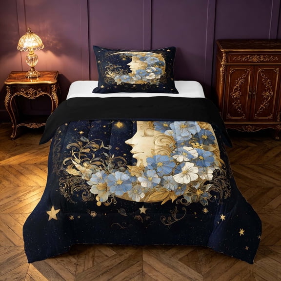 Homewish Moon Goddess Twin Comforter Sets, Vintage Floral Bedding Set, Black Reversible 2 Pieces, 1 Comforter and 1 Pillowcase
