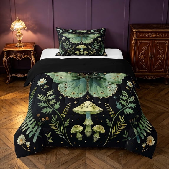 Homewish Moon Phase Butterfly Twin Comforter Sets, Botanical Daisy Mushroom Bedding Set, Green Black, Black Reversible 2 Piece, 1 Comforter and 1 Pillowcase