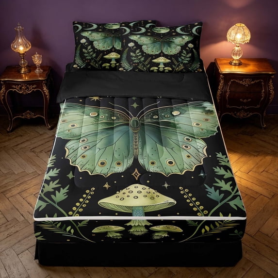 Homewish Moon Phase Butterfly Zipper Queen Comforter Set with Fitted Sheet and 2 Pillowcases, Botanical Daisy Mushroom Zipper Bedding Set, Green Black, Black Reversible