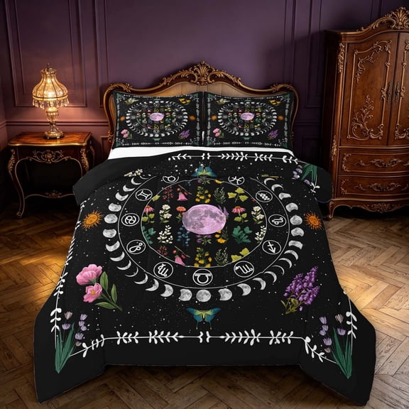 Homewish Moon Phase Full Size Comforter Sets, Chic Floral Flower Bedding Comforter Set for Girls, Black Reversible 3 Pieces, 1 Comforter and 2 Pillowcases