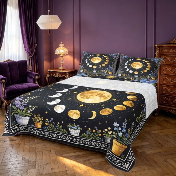 Homewish Moon Phase Print Bed Sheets, Puprle Blue Floral Full Size Sheets, 4pcs, 1 Flat Sheet, 1 Fitted Sheet and 2 Pillowcases