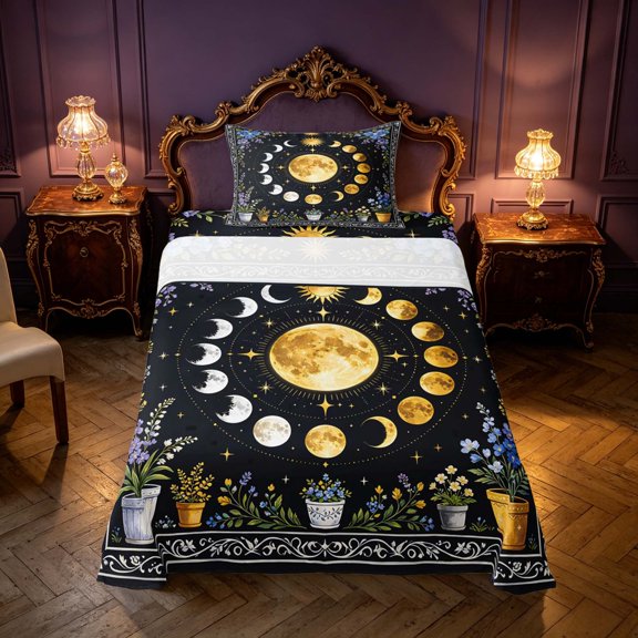 Homewish Moon Phase Print Twin Sheets, Puprle Blue Floral Bedding, 3 Pieces, 1 Flat Sheet, 1 Fitted Sheet and 1 Pillowcase