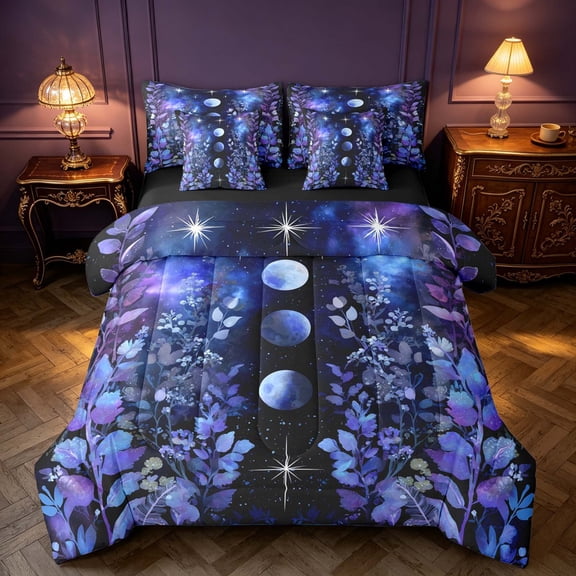 Homewish Moon Phase Stars Queen Bedding, Leaves Print Bedding Comforter Set Queen, Black Reversible 7pcs