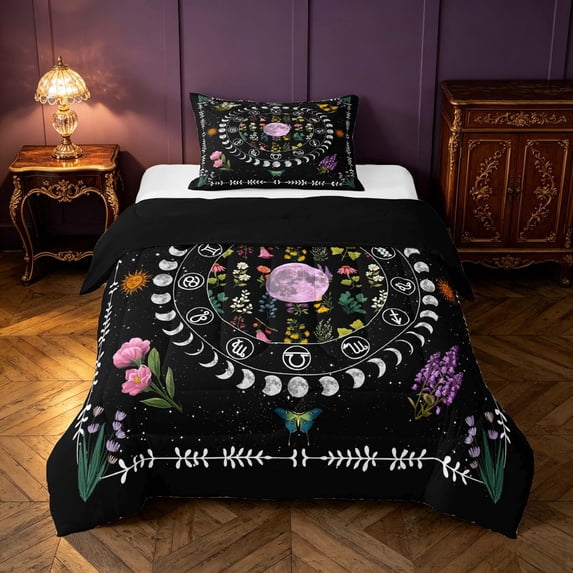 Homewish Moon Phase Twin Comforter Sets, Chic Floral Flower Bedding Set for Girls, Black Reversible 2 Piece, 1 Comforter and 1 Pillowcase