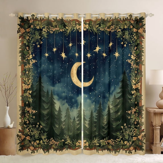 Homewish Moon Stars Blackout Curtains, Watercolor Jungle Tree Curtains Pack of 2 (42x84 Each)