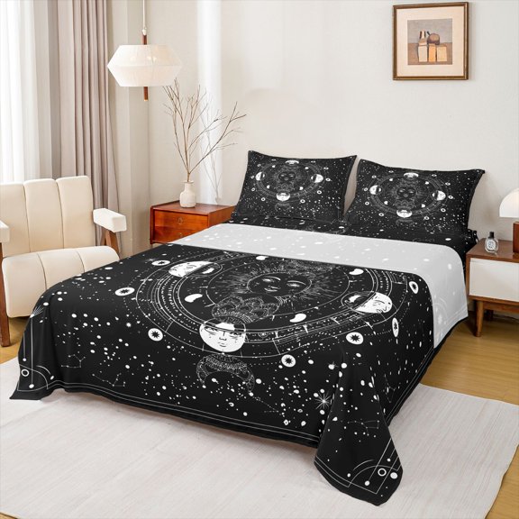 Homewish Moon Sun 3pcs Twin Sheet Sets For Teens Boys Girls,Bohemian Theme Twin Fitted Sheet,Starry Sky Breathable Flat Sheet,Luxury Bedroom Decor