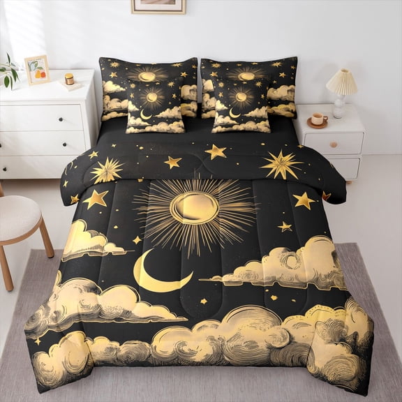 Homewish Moon And Sun Bedding Comforter Set 7-Piece for Boys Girls,Starry Sky King Bedding Sets,Vintage Aesthetic Ultra Soft Bed Sheets,Breathable Home Decor,Reversible