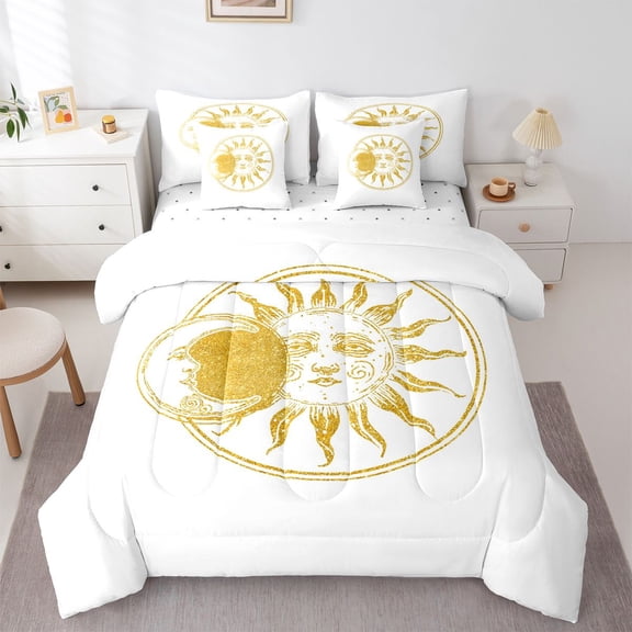 Homewish Moon Sun Bedding Comforter Set 7-Piece for Teens Adults Female Men,Bohemian Theme King Bedding Sets,Exotic Style Ultra Soft Bed Sheets,Ultra Soft Home Decor,Reversible
