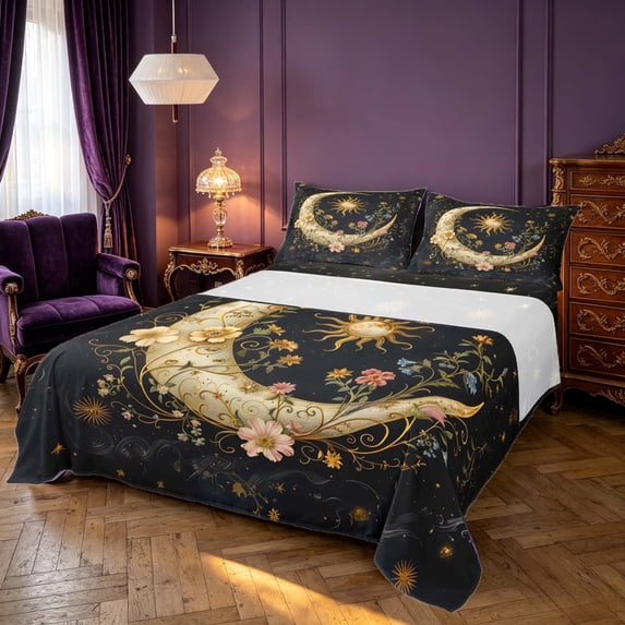 Homewish Moon Sun Print Queen Sheets, Vintage Floral Queen Sheet Sets, Psychedelic Galaxy Decor, 4-Piece, 1 Flat Sheet, 1 Fitted Sheet and 2 Pillowcases