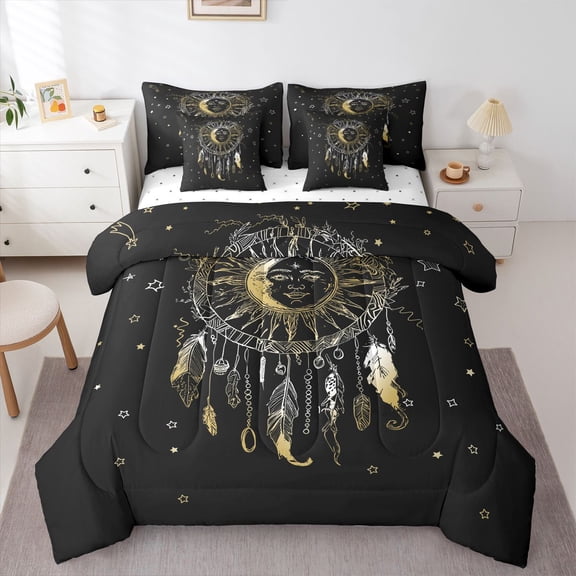 Homewish Moon Sun Stars Twin Bedding Sets 7-Piece for Female Men Adults,Bohemian Feather Dreamcatcher Bedding Comforter Set Microfiber,Abstract Gradient Ombre Breathable Sheet Sets