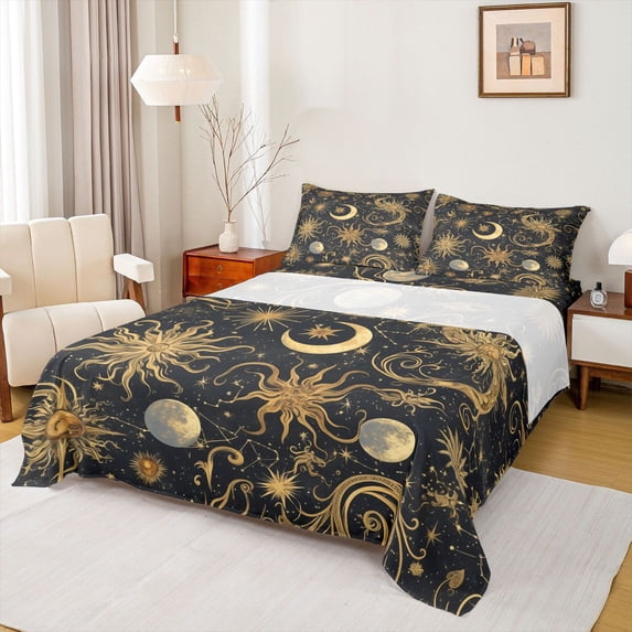 Homewish Moon Sun Twin Sheet Sets 3pcs for Teens Adults Female Men,Bohemian Theme Twin Fitted Sheet Microfiber,Starry Sky Breathable Flat Sheet,Ultra Soft Home Decor