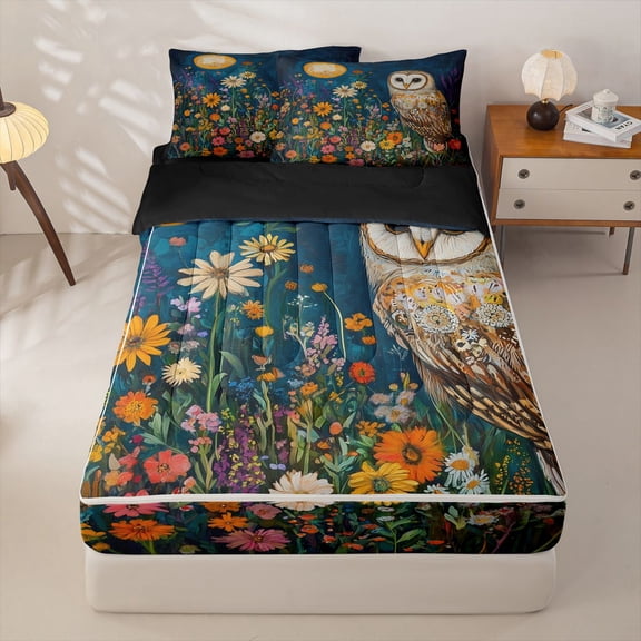Homewish Moonlit Owl Wildflower Zipper Twin Comforter Sets with Fitted Sheet and 2 Pillowcases For Men And Women,Teal Orange Whimsical Zipper Bedding Set,Black Reversible,4 Pieces