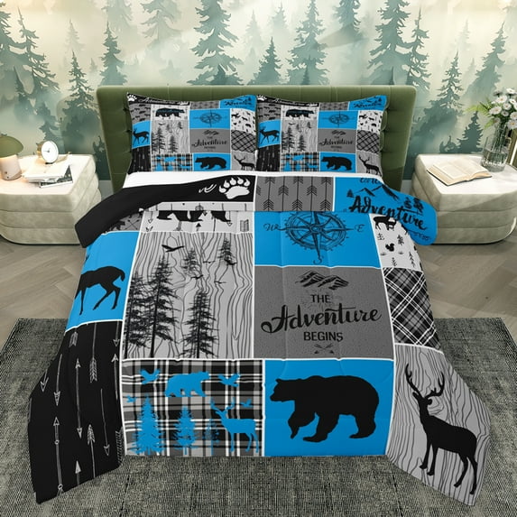 Homewish Moose Bear Deer Bedding Comforter Set, Vintage Dark Blue Buffalo Twin Comforter Sets, Western Countryside Reversible Bedding Set, Luxury Bedroom Decor, 2 Pieces