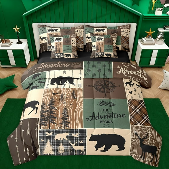 Homewish Moose Bear Deer Twin Bedding Sets 7-Piece, Vintage Brown Green Buffalo Bedding Comforter Set, Western Countryside Reversible Sheet Sets, Breathable Home Decor