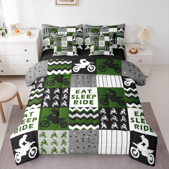 Homewish Motercycle Sports Player Bedding Comforter Set 7-Piece, Eat Sleep Ride King Bedding Sets, Green Patchwork Print Reversible Bed Sheets, Luxury Bedroom Decor