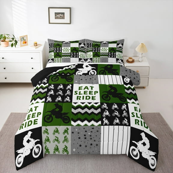 Homewish Motercycle Sports Player Bedding Comforter Set, Eat Sleep Ride Twin Comforter Sets, Green Patchwork Print Reversible Bedding Set, Luxury Bedroom Decor, 2 Pieces
