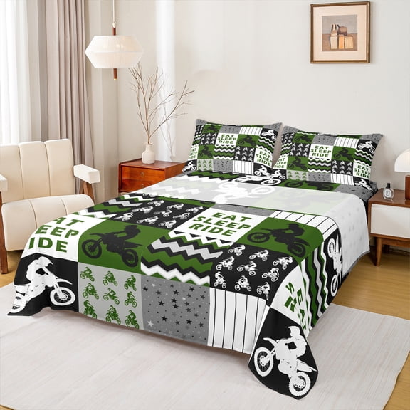 Homewish Motercycle Sports Player Twin Sheet Sets, Eat Sleep Ride Twin Fitted Sheet, Green Patchwork Print Flat Sheet, Luxury Bedroom Decor, 3 Pieces
