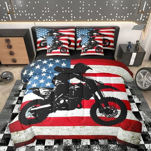 Homewish Motorcycle Game 7-Piece Twin Bedding Sets,Exterme Sport Bedding Comforter Set,American Flag Sheet Sets For Boys Teens,Super Cozy Room Decor Reversible