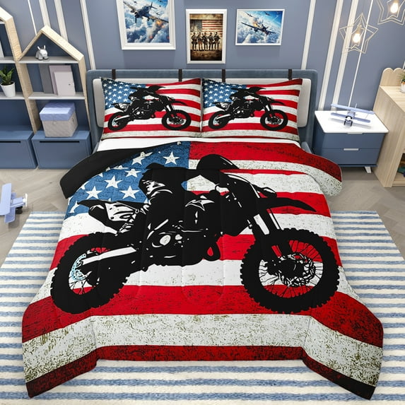 Homewish Motorcycle Game Bedding Comforter Set,Exterme Sport Twin Comforter Sets,American Flag Bedding Set For Boys Teens,Super Cozy Room Decor Reversible,2pcs