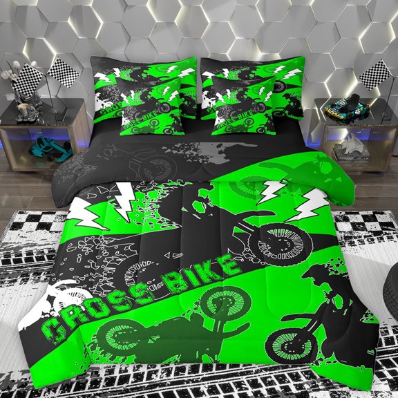 Homewish Motorcycle Game Lover 7-Piece Twin Bedding Sets,Extreme Sport Bedding Comforter Set,Black Green Sheet Sets For Boys Kids,Breathable Home Decor Reversible