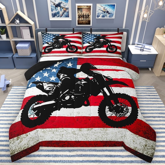 Homewish Motorcycle Game Queen Comforter Set,Exterme Sport Bedding Sets,American Flag Bedding Comforter Set For Boys Teens,Super Cozy Room Decor Reversible,3 Pieces