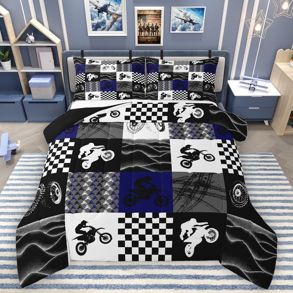 Homewish Motorcycle Motor Biker Queen Comforter Set,Extreme Speed Sport Bedding Sets,Gray Splatter Ink Bedding Comforter Set For Children,Luxury Bedroom Decor Reversible,3-Piece