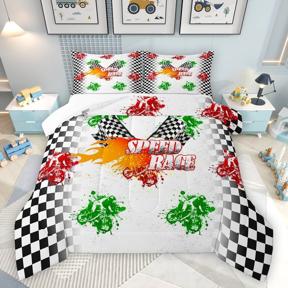 Homewish Motorcycle Speed Race 3 Pieces Queen Comforter Set for Female Men Women,Geometric Plaid Grid Ultra Soft Bedding Sets,Extreme Sport Bedding Comforter Set Breathable,Luxury Bedroom Decor