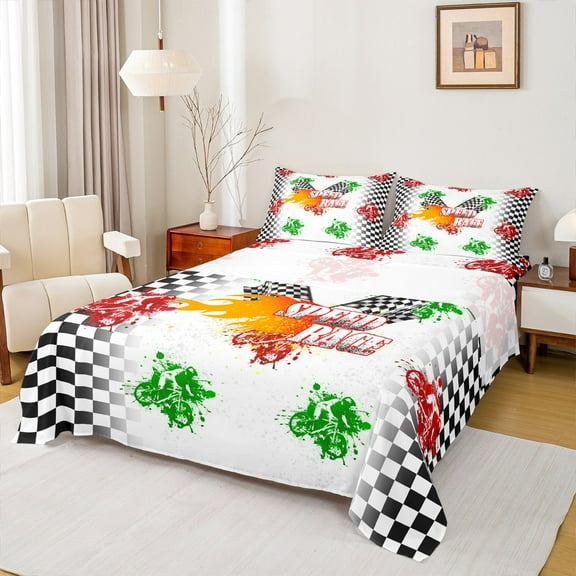 Homewish Motorcycle Speed Race 4pcs Bed Sheets for Female Men Women,Geometric Plaid Grid King Sheets,Extreme Sport Super Cozy Sheet Set,Luxury Bedroom Decor