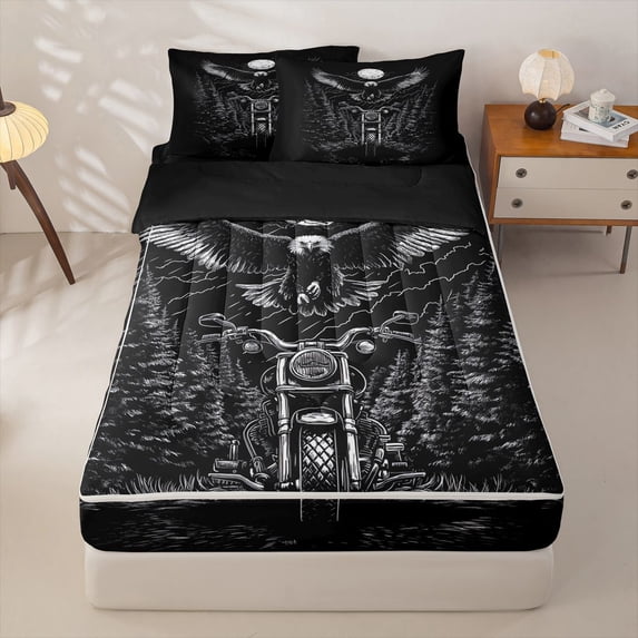 Homewish Motorcycle Zipper Twin Comforter Sets with Fitted Sheet and 2 Pillowcases,American Eagle Animals Zipper Bedding Set For Bots Adults,Reversible,4 Pieces