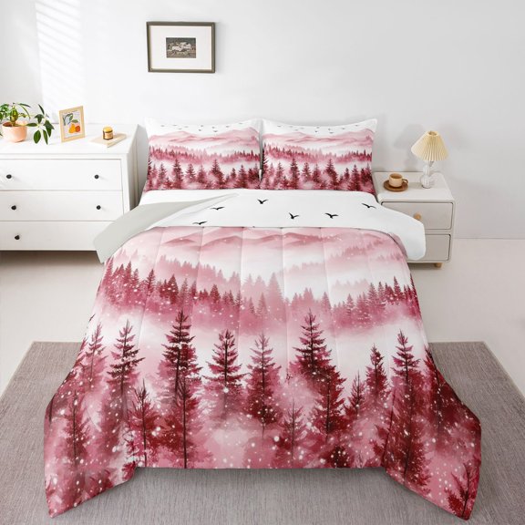 Homewish Mountain Jungle Bedding Comforter Set 2pcs for Female Men Women,Happy Winter Snowflakes Twin Comforter Sets Microfiber,Natural Scenery Breathable Bedding Set,Super Cozy Room Decor