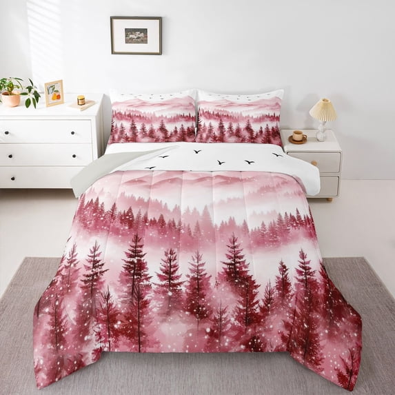 Homewish Mountain Jungle Full Size Comforter Sets 3-Piece for Female Men Women,Happy Winter Snowflakes Bedding Comforter Set,Natural Scenery Lightweight Bedding Sets,Super Cozy Room Decor