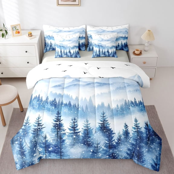 Homewish Mountain Jungle Twin Bedding Sets 7-Piece for Female Men Women,Happy Winter Snowflakes Bedding Comforter Set Microfiber,Natural Scenery Breathable Sheet Sets,Super Cozy Room Decor
