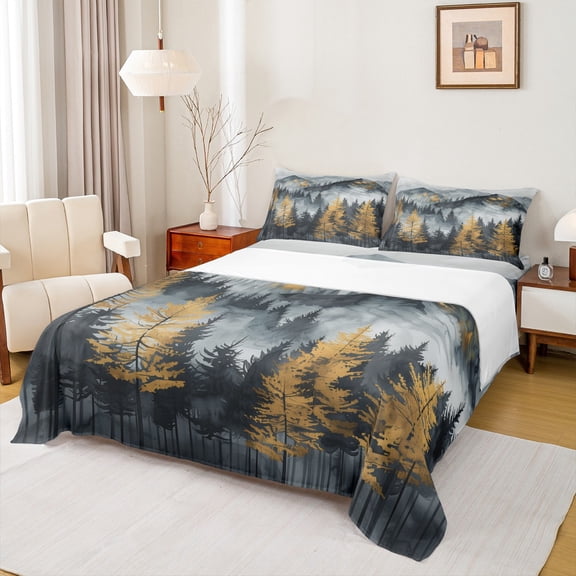 Homewish Moutain Jungle Twin Sheet Sets 3pcs for Female Men Adults,Botanical Plants Twin Fitted Sheet Microfiber,Smoky Woodland Breathable Flat Sheet,Super Cozy Room Decor
