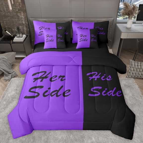 Homewish Mr and Mrs Bedding Comforter Set 7pcs, Black Purple Couples Print Queen Bedding Sets, Romantic Valentines Day Reversible Queen Sheet Sets, Lightweight Room Decor
