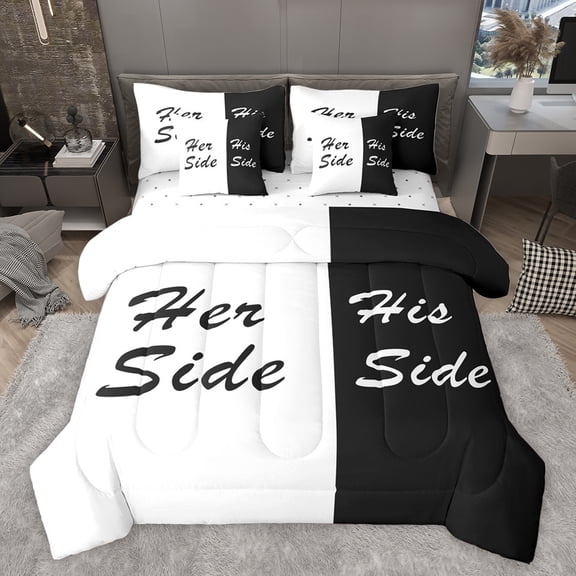 Homewish Mr and Mrs Bedding Comforter Set 7pcs, Black White Couples Print King Bedding Sets, Romantic Valentines Day Bed Sheets, Lightweight Room Decor