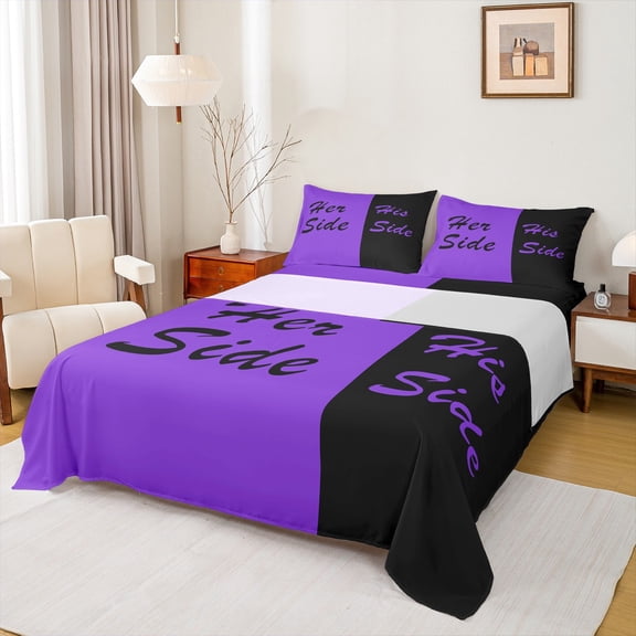 Homewish Mr and Mrs Bed Sheets, Black Purple Couples Print King Sheets, Romantic Valentines Day Sheet Set, Lightweight Room Decor, 4-Piece