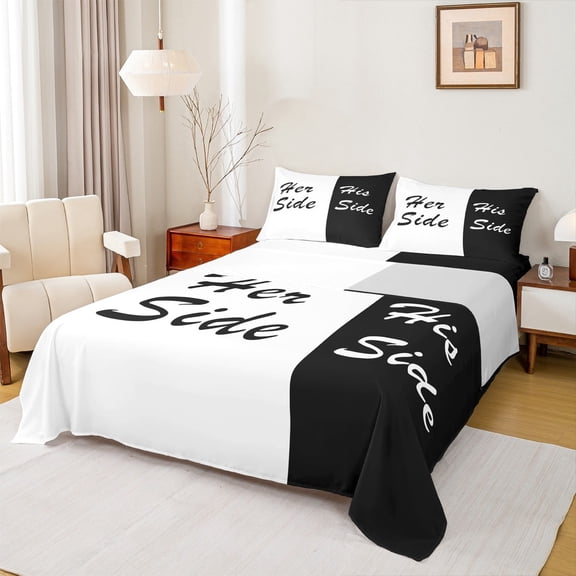 Homewish Mr and Mrs Full Size Sheets, Black White Couples Print Bed Sheets, Romantic Valentines Day Sheet Sets, Lightweight Room Decor, 4-Piece