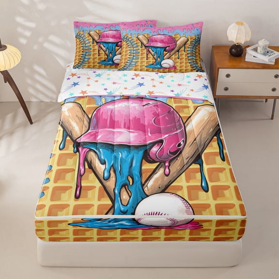 Homewish Multicolor Baseball Cream Zipper Twin Comforter Sets with Fitted Sheet and 2 Pillowcases,Kids Sport Ball Games Zipper Bedding Set For Girls,Reversible,4 Pieces