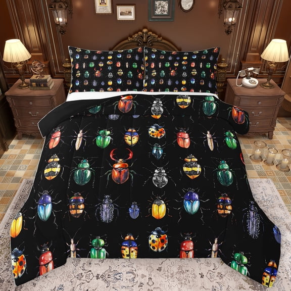 Homewish Multicolor Beetle Queen Comforter Set,Rustic Bug Bedding Sets,Black Red Green Bedding Comforter Set For Boy,Luxury Bedroom Decor Reversible,3 Pieces