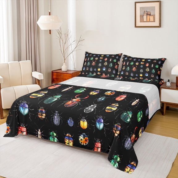 Homewish Multicolor Beetle Queen Sheet Set,Rustic Bug Black Red Green,Luxury Decor For Boys,4-Piece
